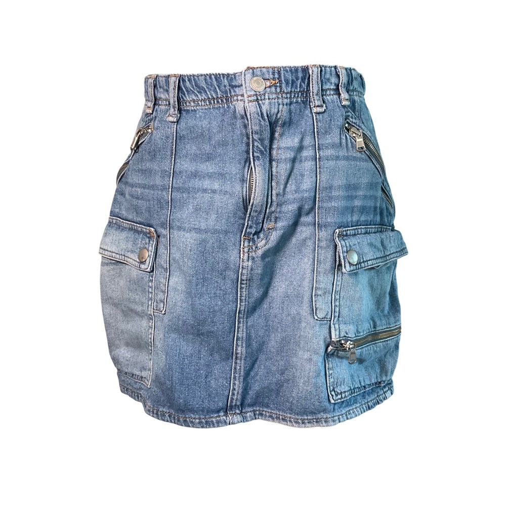 Free People We The Free Denim Jean Cargo Mini Skirt Sz 30 Zipper Utility Pockets
